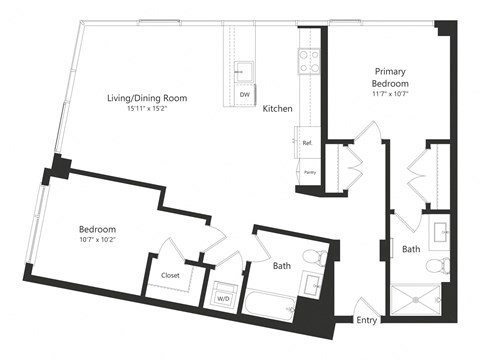Floor plan for 2 beds, 2 baths, 1047 sqft
